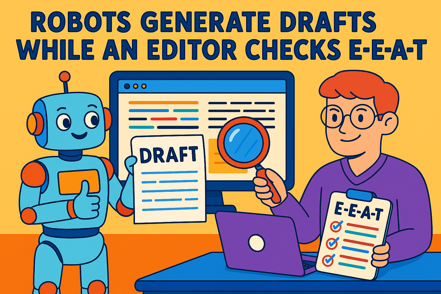 Robots generate drafts while an editor checks E-E-A-T