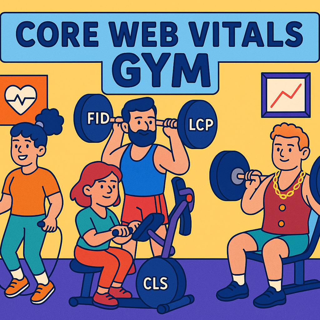 Cartoon SEOs training Core Web Vitals at a gym