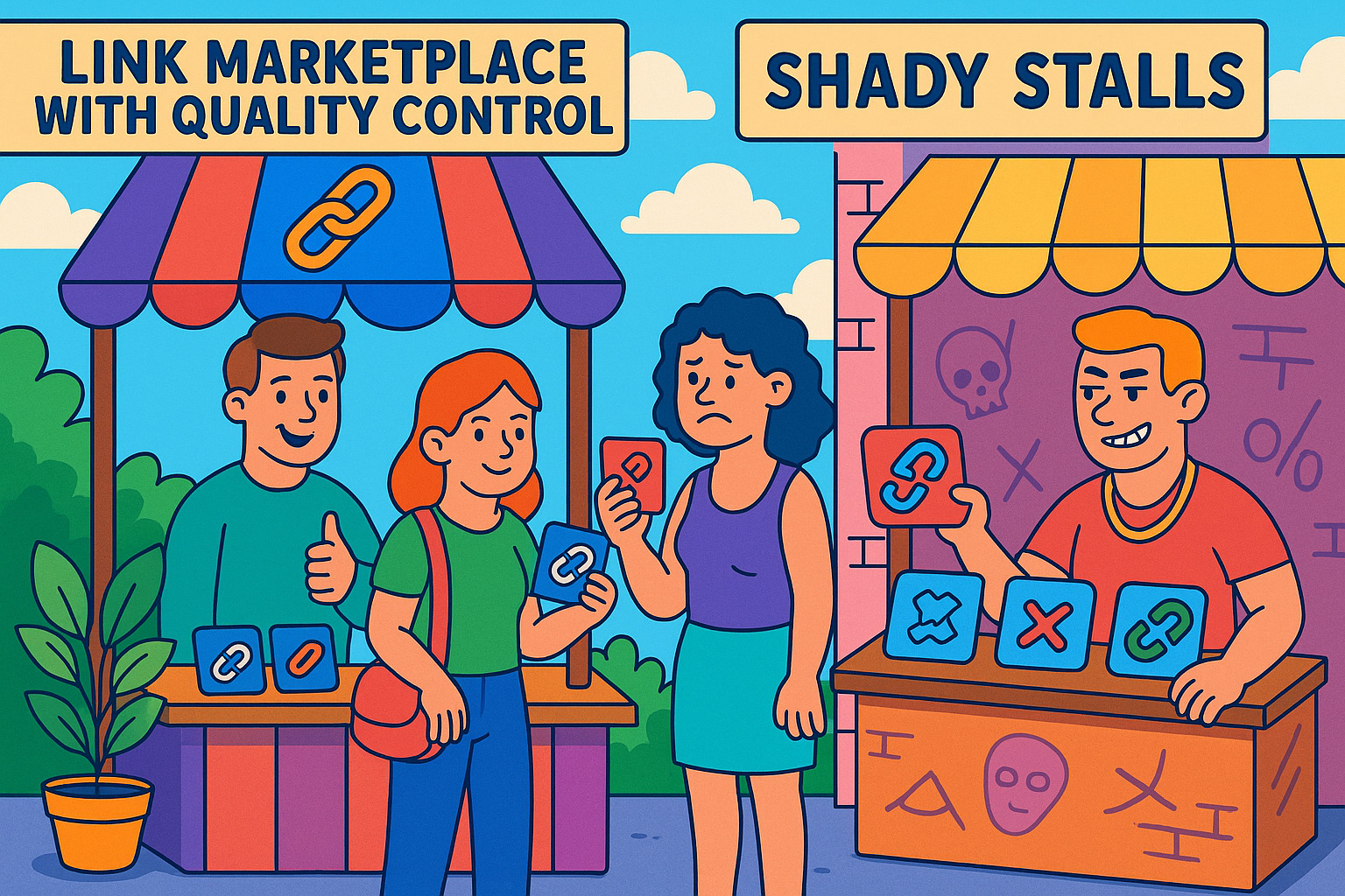 Cartoon link marketplace with quality control versus shady stalls
